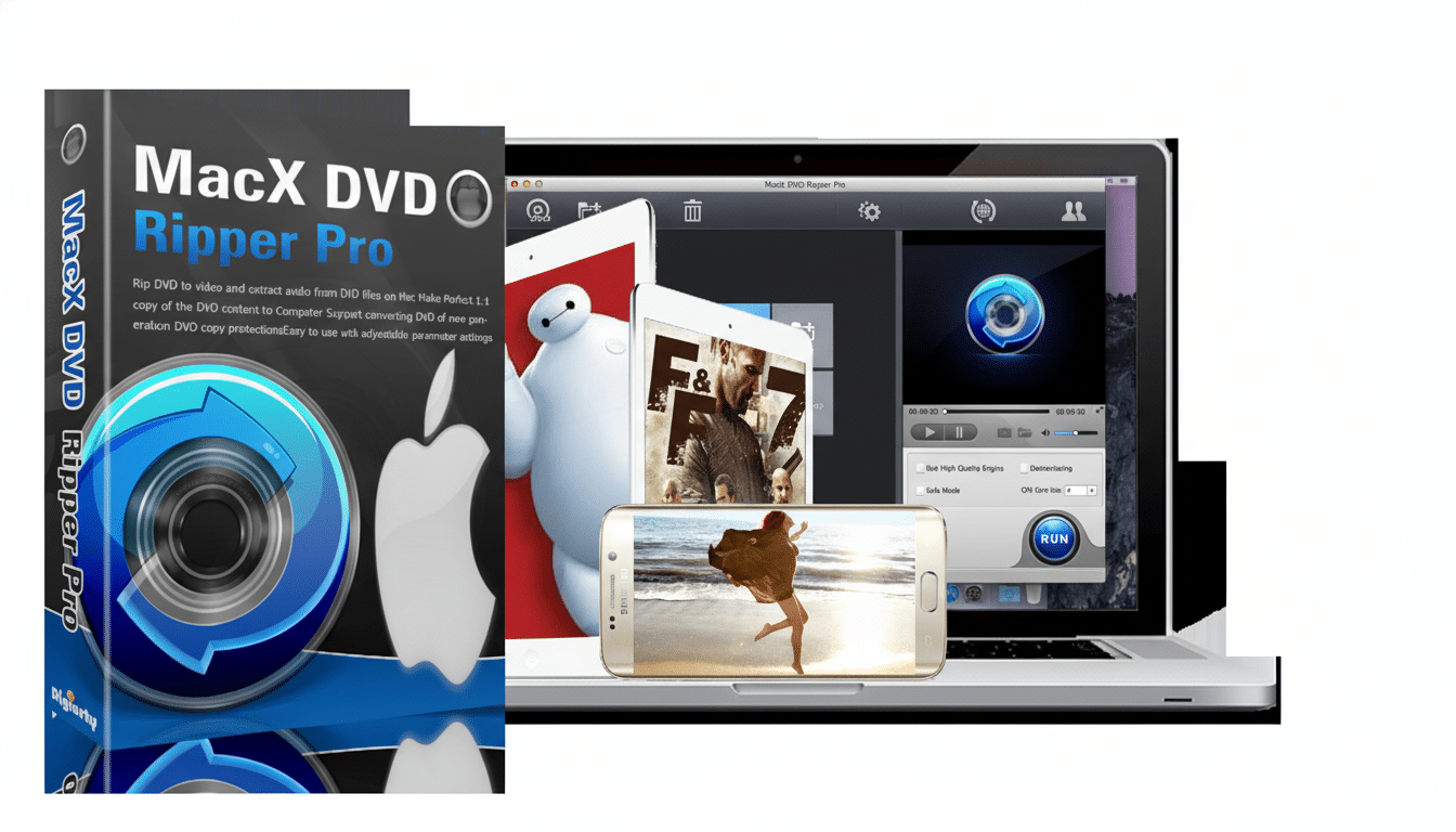 A software box for MacX DVD Ripper Pro next to a laptop displaying the software interface, with a tablet and smartphone showing various media content.