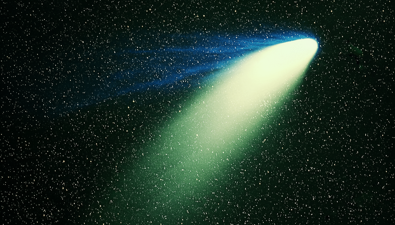A comet with a bright, glowing tail of light green and blue streaks across a dark, star-filled sky.