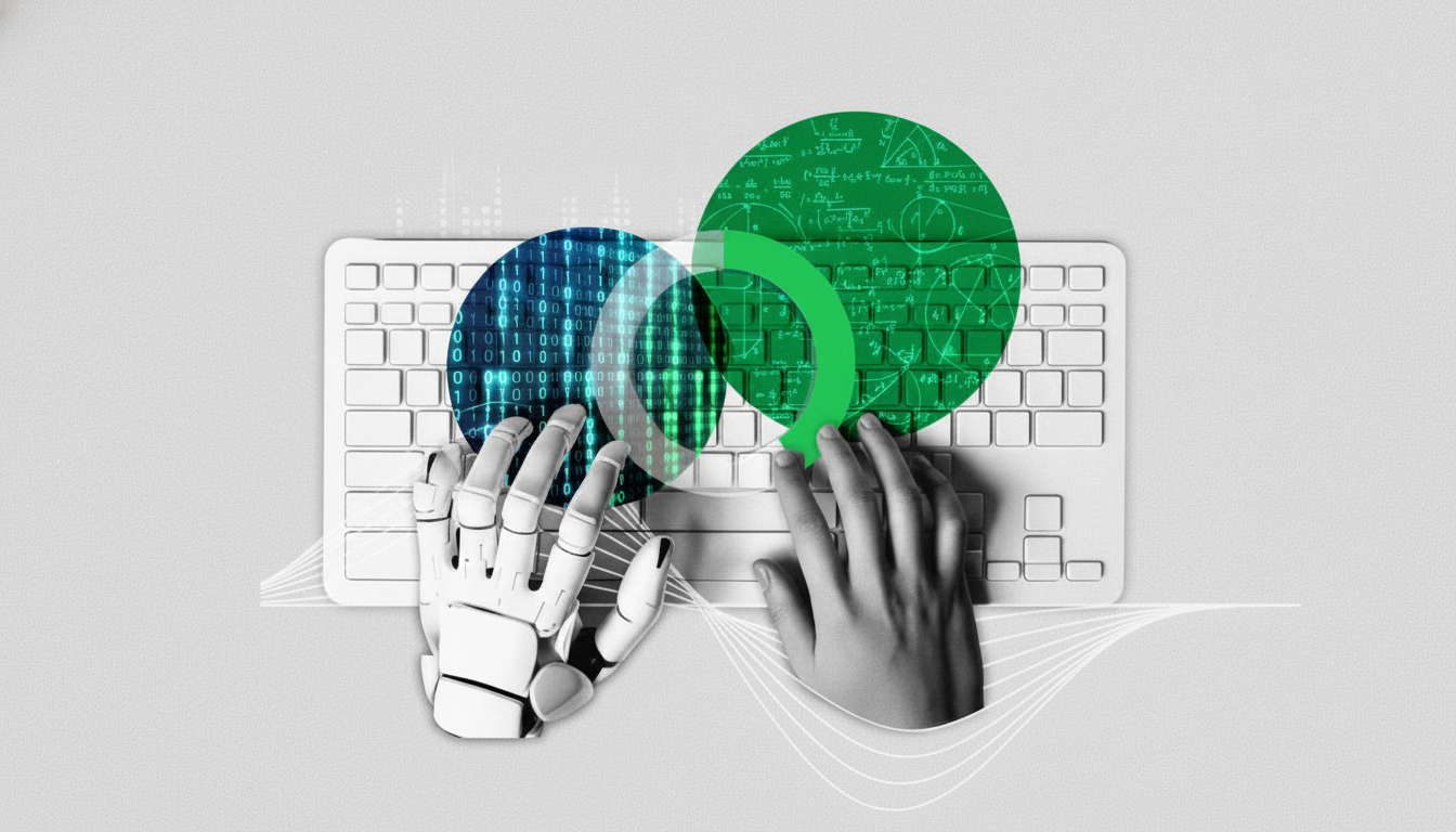 A robotic hand and a human hand typing on a white keyboard, with two overlapping circles above. The left circle displays binary code, and the right circle shows mathematical equations.