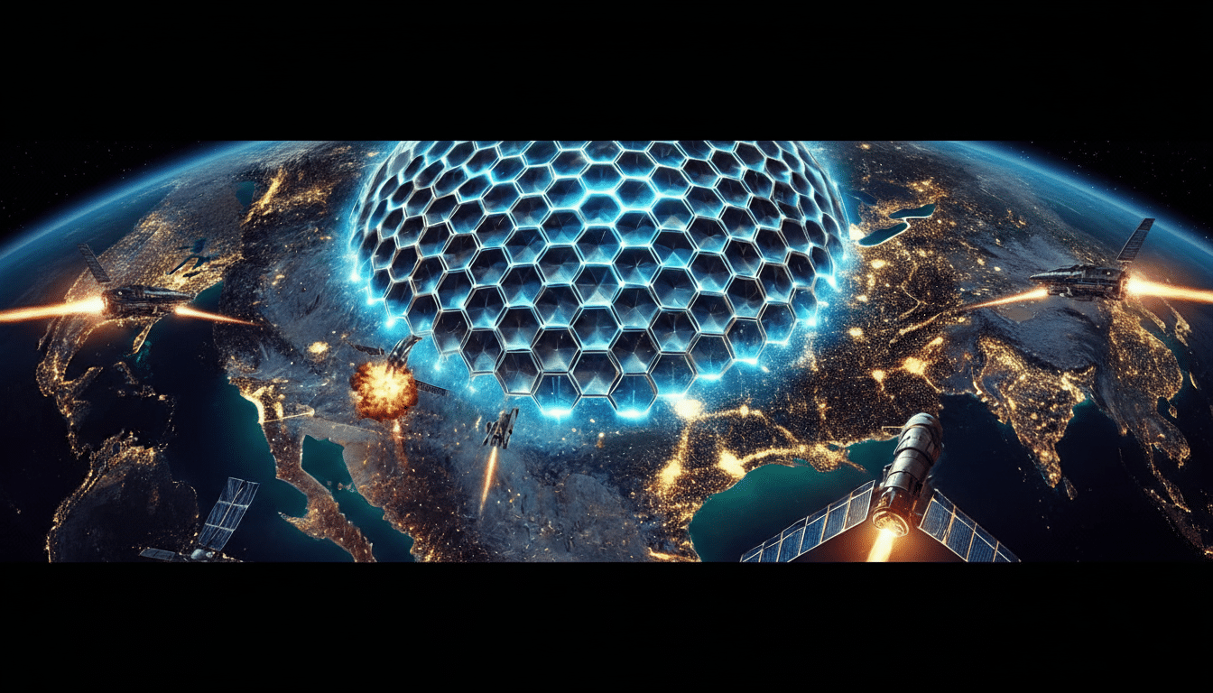 A futuristic hexagonal shield glowing blue over a nighttime Earth, with spaceships and explosions around it, set against a dark background.