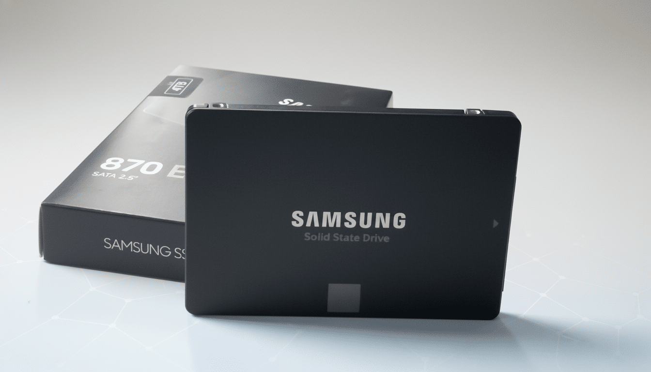 A Samsung 870 EVO Solid State Drive and its packaging are displayed on a white surface with a subtle geometric pattern.