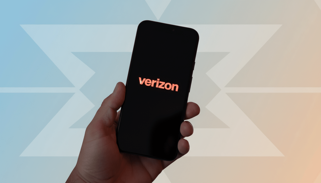 A hand holding a smartphone displaying the Verizon logo on a black screen, set against a professional flat design background with soft blue and orange gradients and subtle geometric patterns.
