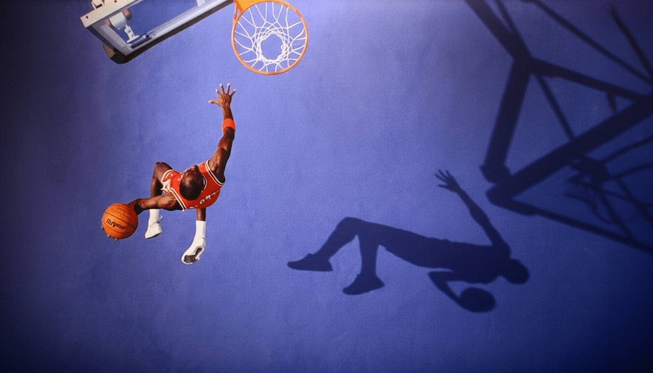 An aerial view of Michael Jordan in a red jersey, mid-air, holding a basketball, with his shadow cast on the blue court below, next to a basketball hoop.
