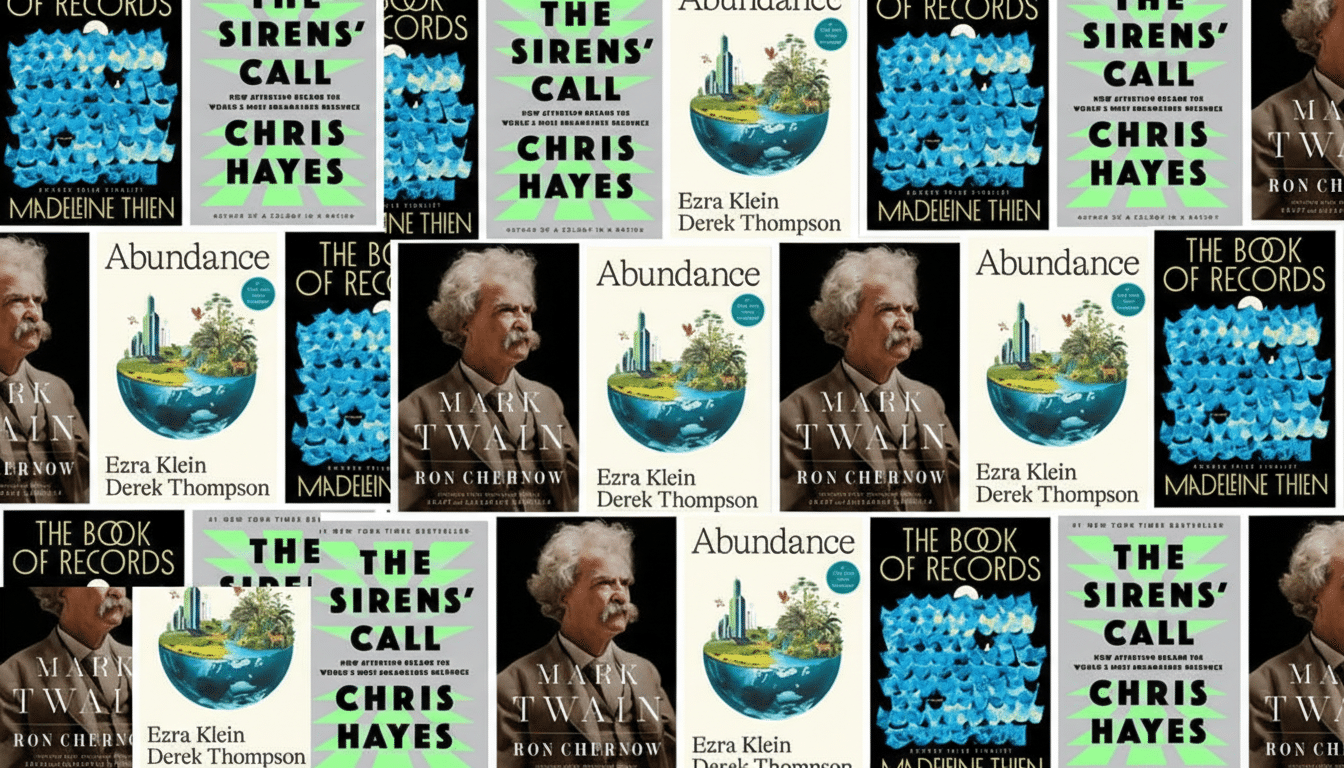 A repeating pattern of book covers, including Abundance, The Book of Records, The Sirens Call, and a biography of Mark Twain, arranged in a grid.