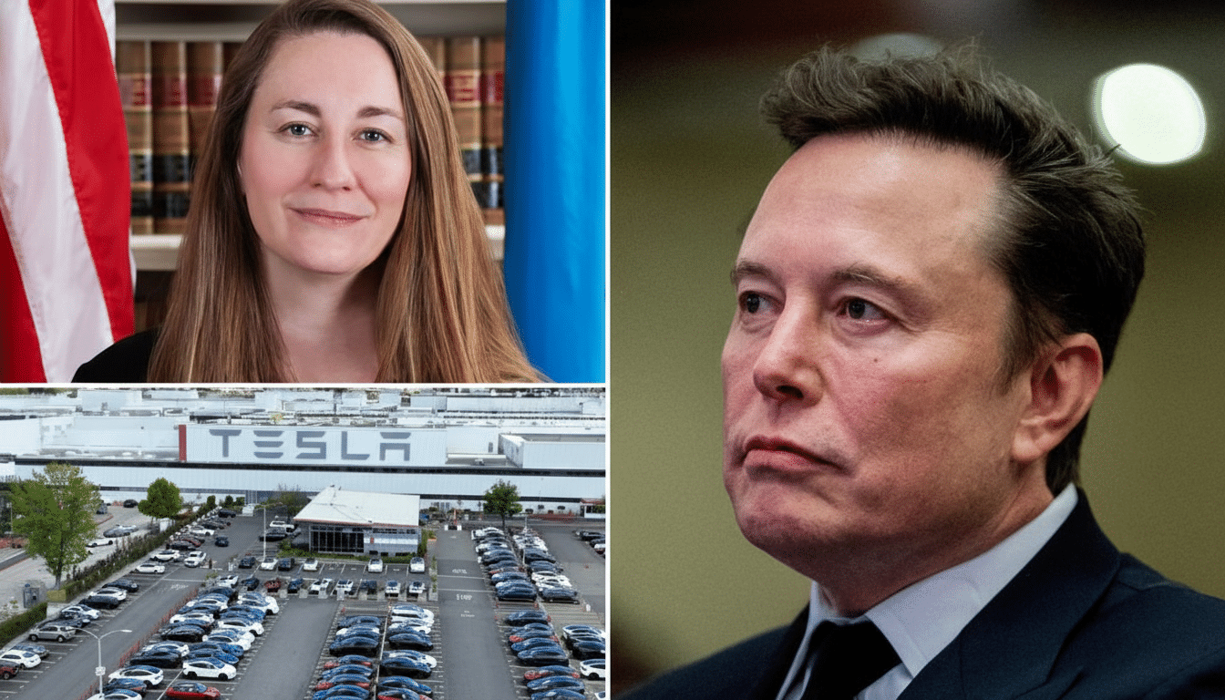 A collage of three images: a woman with long brown hair smiling in front of a flag, a Tesla factory with a parking lot full of cars, and Elon Musk looking serious.