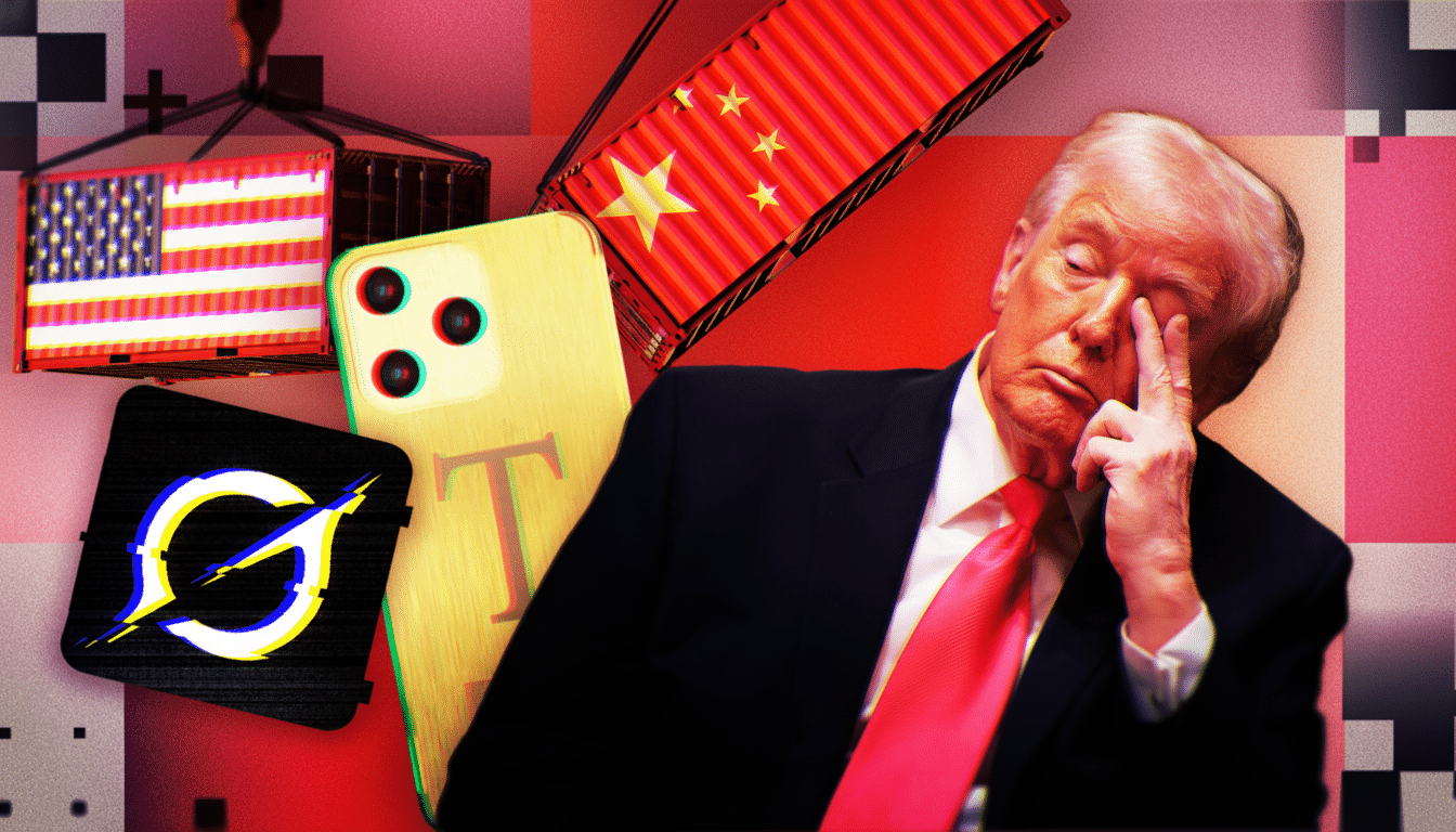 A man in a suit with a red tie, appearing to rub his eye, is surrounded by various objects including shipping containers with US and Chinese flags, a smartphone, and a glitch-effect logo.