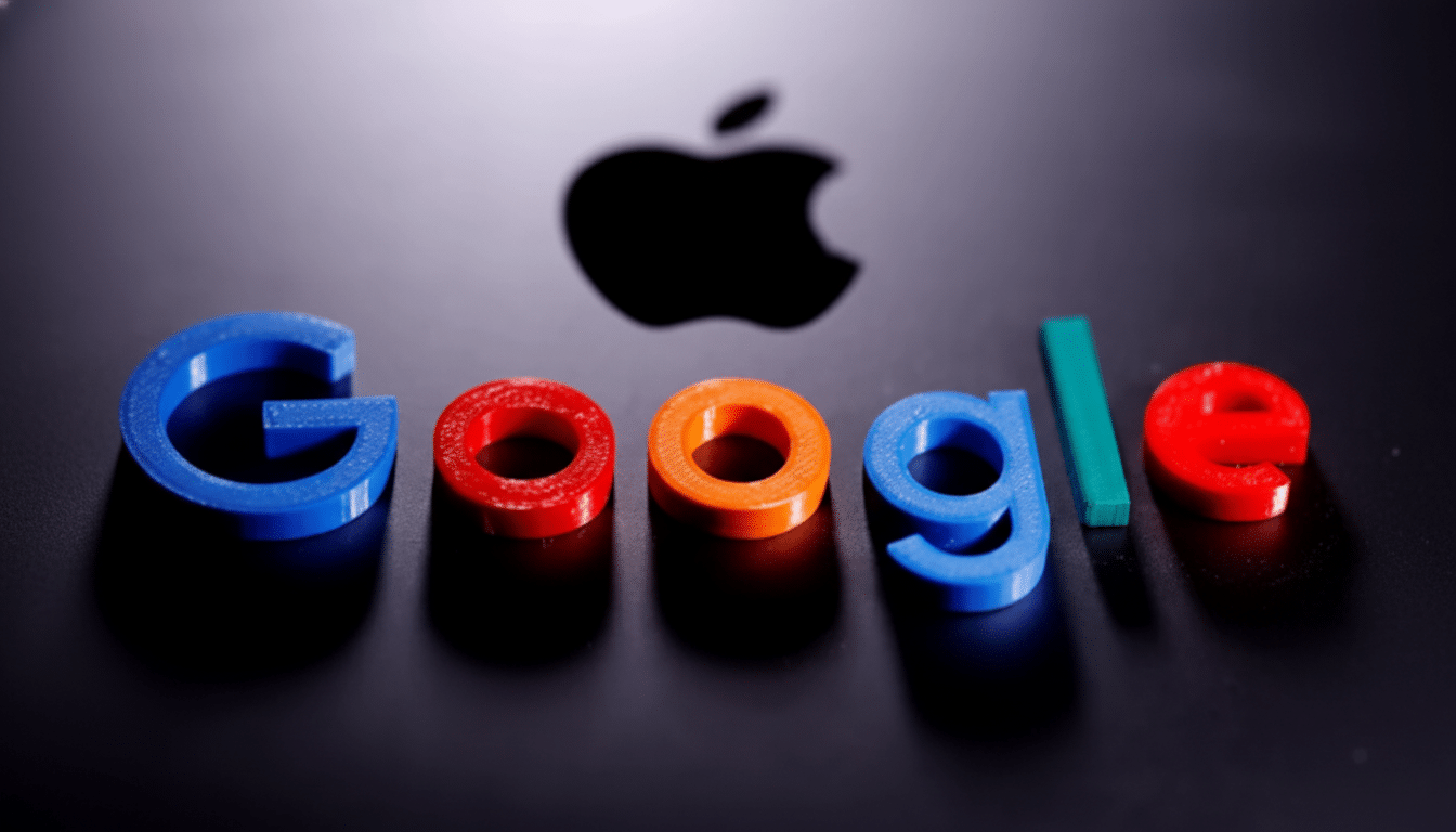The Google logo in colorful 3D letters with the Apple logo shadow in the background.