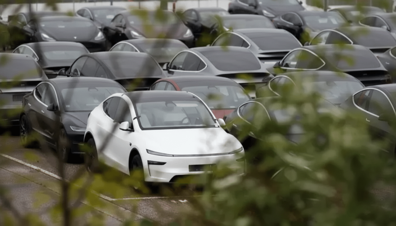 A white electric car is parked in a lot surrounded by other dark-colored electric cars, with green foliage in the foreground.