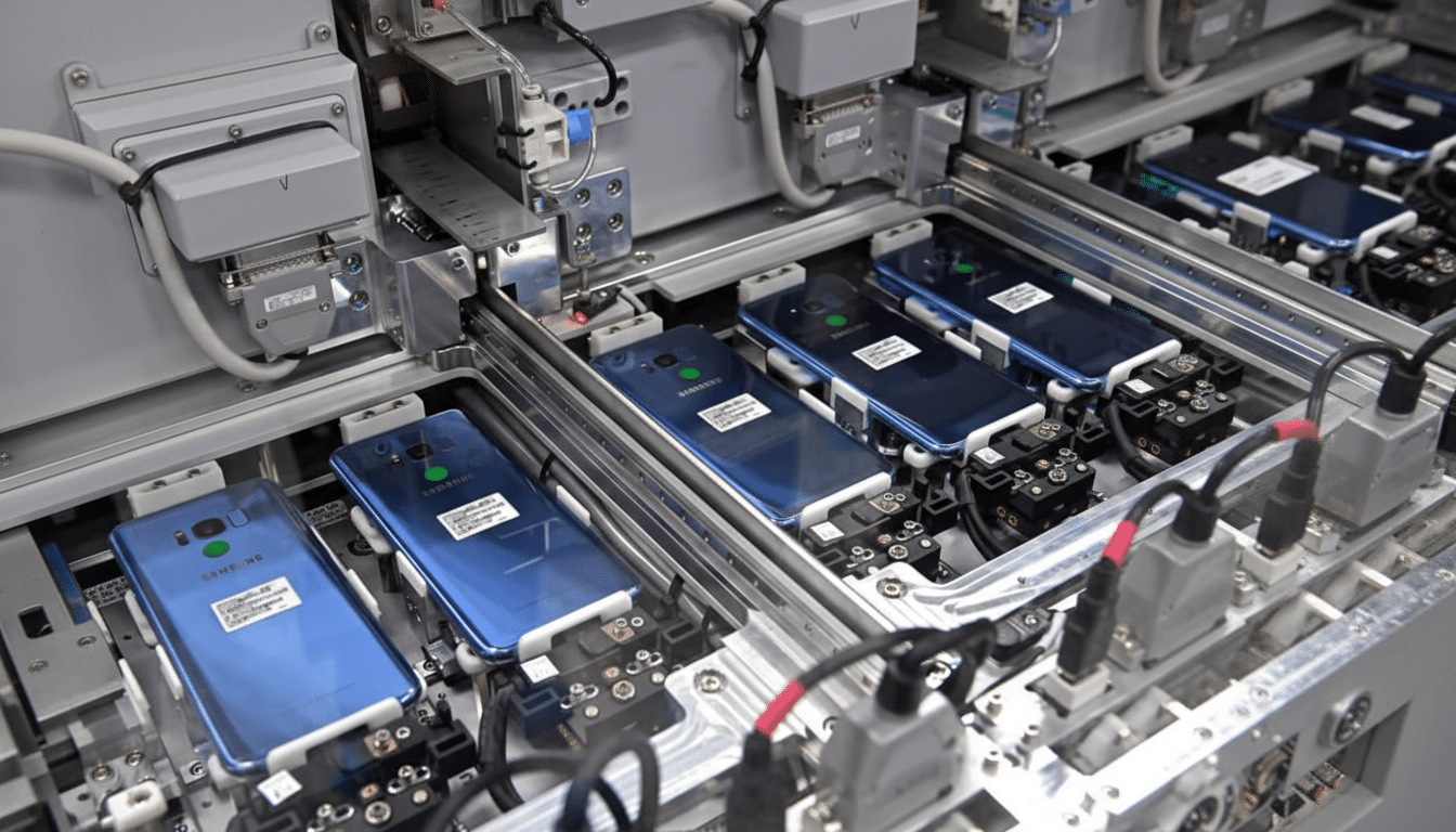 A close-up view of a manufacturing line with several blue smartphones being assembled.