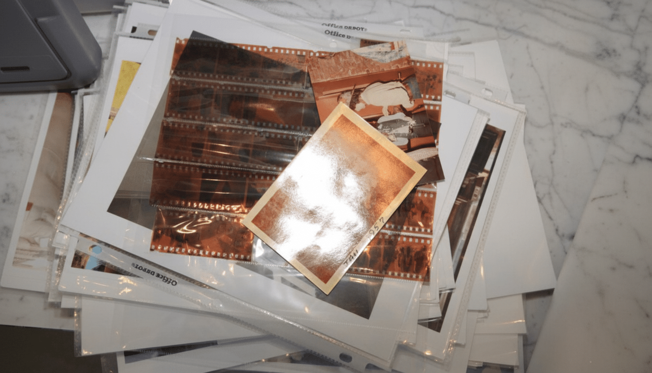 A stack of old photographs and film negatives on a marble surface, resized to a 16:9 aspect ratio.