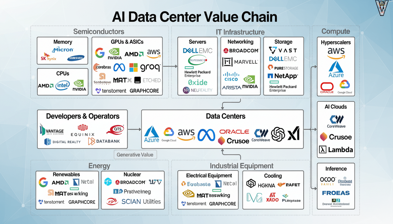 A diagram illustrating the AI Data Center Value Chain, categorizing various companies and technologies into segments like Semiconductors (Memory, CPUs, GPUs & ASICs), IT Infrastructure (Servers, Networking, Storage), Compute (Hyperscalers, AI Clouds, Inference), Developers & Operators, Data Centers, Energy (Renewables, Nuclear, Utilities), and Industrial Equipment (Electrical Equipment, Cooling).