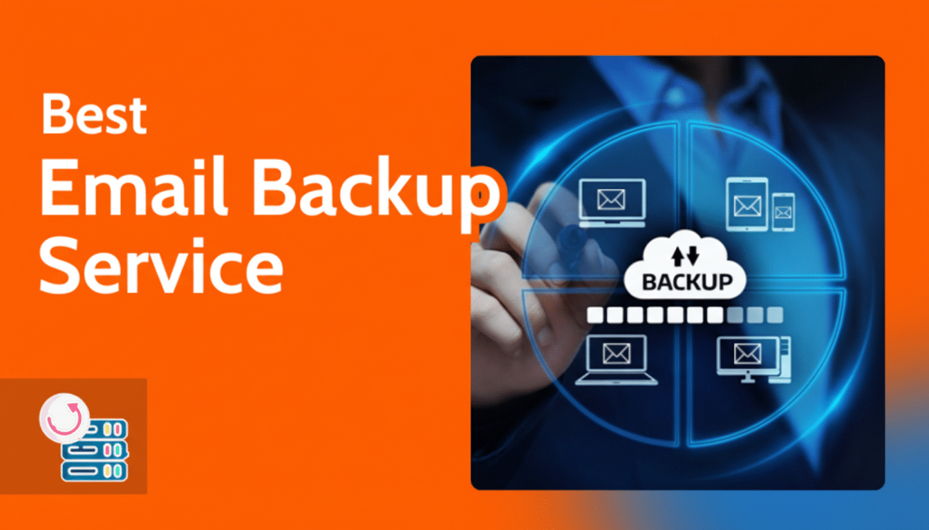 A 16:9 aspect ratio image promoting Best Email Backup Service with a person interacting with a digital backup interface.