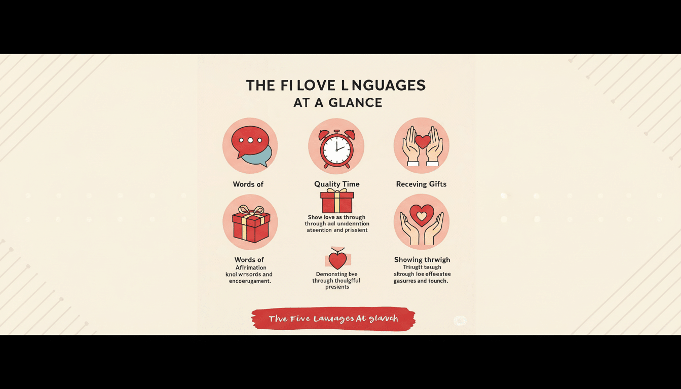 An infographic titled The Five Love Languages at a Glance with six circular icons representing different love languages. The icons include a speech bubble for Words of Affirmation, an alarm clock for Quality Time, hands holding a heart for Receiving Gifts, a gift box for Acts of Service, a small heart for Thoughtful Presents, and hands holding a heart with a smaller heart inside for Physical Touch. The background is a professional flat design with soft patterns.
