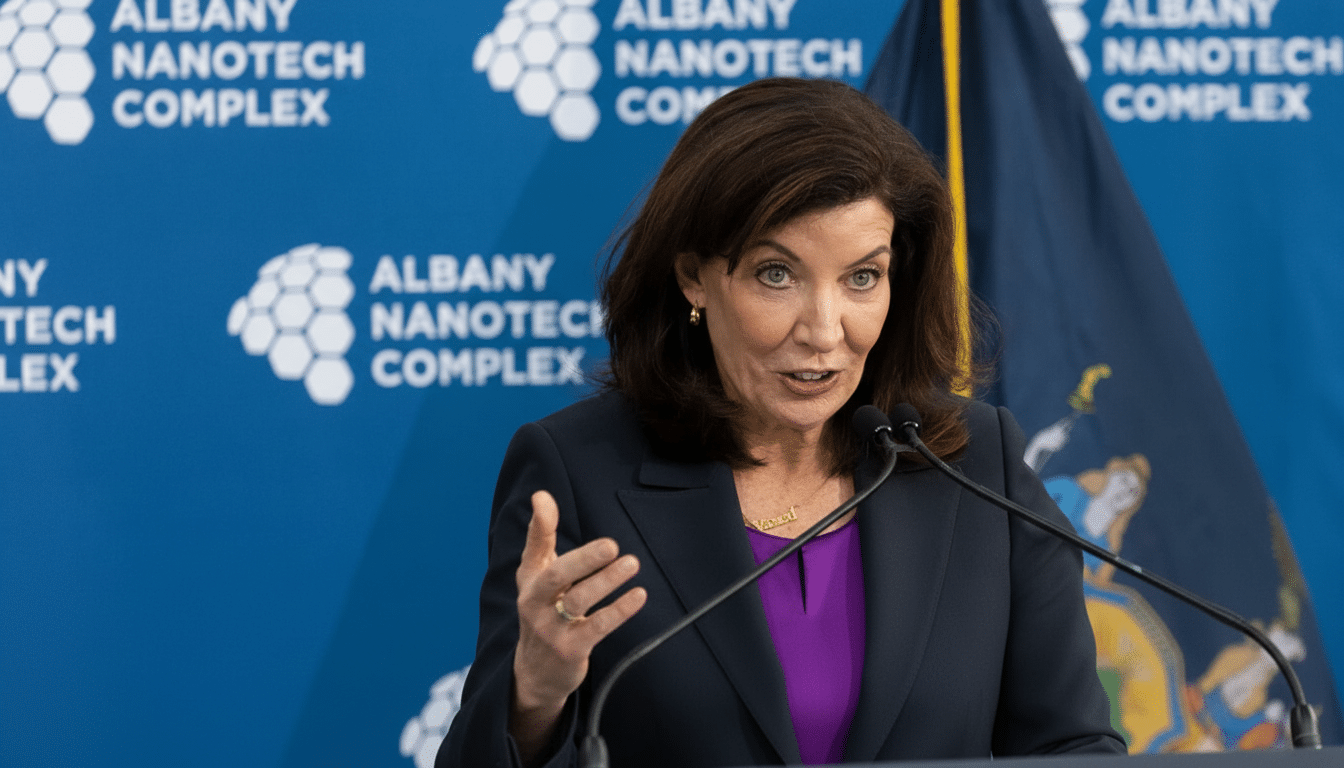 A woman with dark hair, wearing a dark suit jacket over a purple top, speaks at a podium with microphones. Behind her is a blue wall with ALBANY NANOTECH COMPLEX logos and a flag.