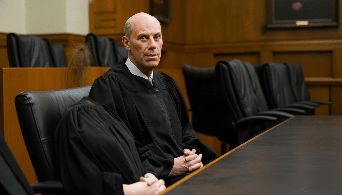 A bald man in a black judicial robe sits at a long table, looking directly at the viewer.