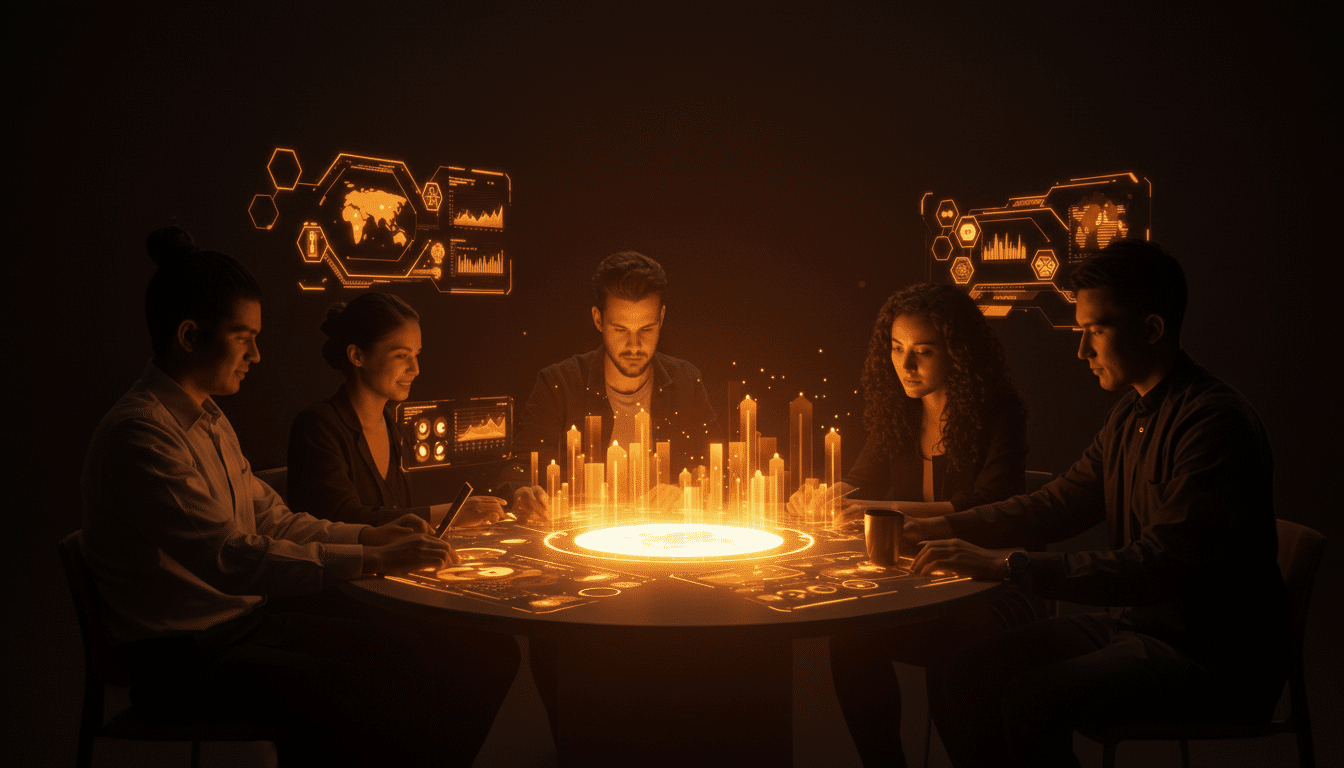 Five people are gathered around a futuristic, glowing circular table, interacting with holographic displays and a central 3D city model.