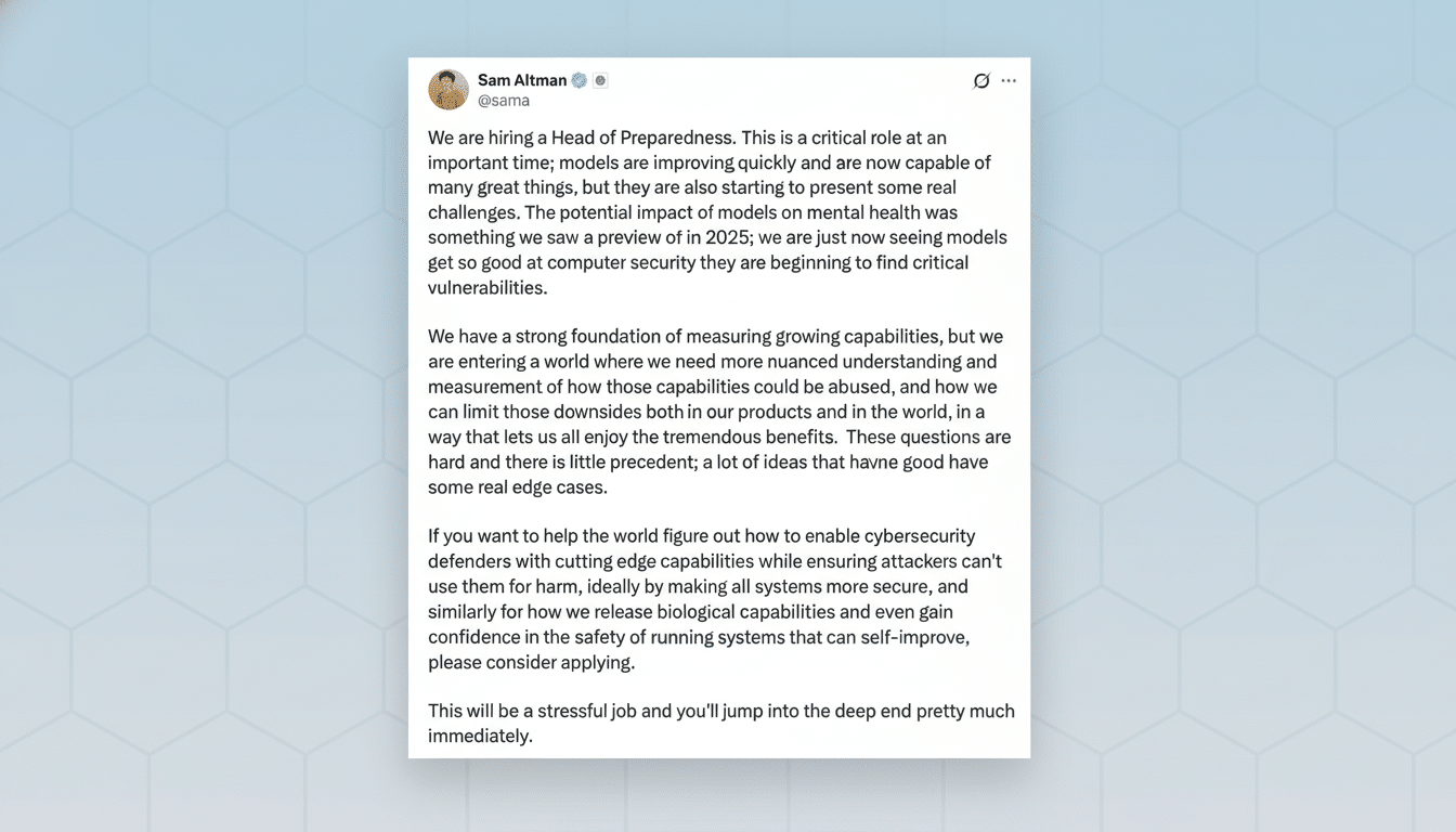 A screenshot of a tweet from Sam Altman, CEO of OpenAI, announcing a job opening for a Head of Preparedness. The tweet discusses the critical role of this position in addressing the potential risks and challenges associated with rapidly improving AI models, particularly concerning mental health, cybersecurity, and biological capabilities. The background has been changed to a professional flat design with soft patterns.