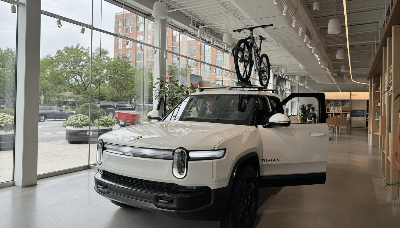 A white Rivian electric truck with a bicycle on its roof rack, parked inside a modern showroom with large windows.