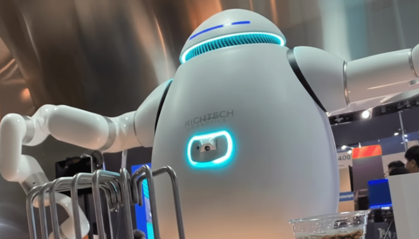 A large, white, round robot with glowing blue accents and the RICHTECH ROBOTICS logo on its chest, standing behind a counter with a drink in the foreground.