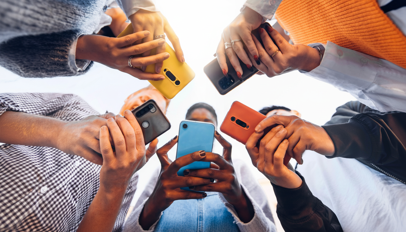 A group of people holding up their smartphones in a circle, viewed from below, with a bright sky in the background.