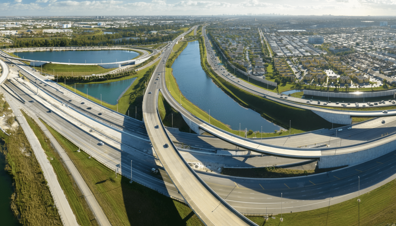 An aerial view of a complex highway interchange with multiple overpasses and underpasses, surrounded by bodies of water and a suburban landscape under a partly cloudy sky.