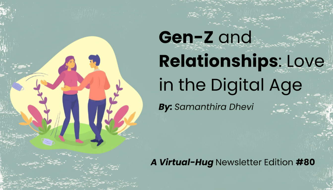 An image with the title Gen-Z and Relationships: Love in the Digital Age and the subtitle By: Samanthira Dhevi. Below that, it says A Virtual-Hug Newsletter Edition #80. On the left, there is an illustration of a man and a woman dancing, with two face masks on the ground. The background is a textured green.