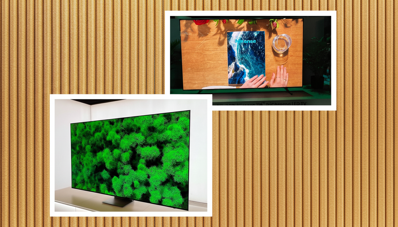 A professionally enhanced image of two televisions, one displaying a vibrant green moss pattern and the other showing a persons hands near a glass of water and a book with a blue and white cover.