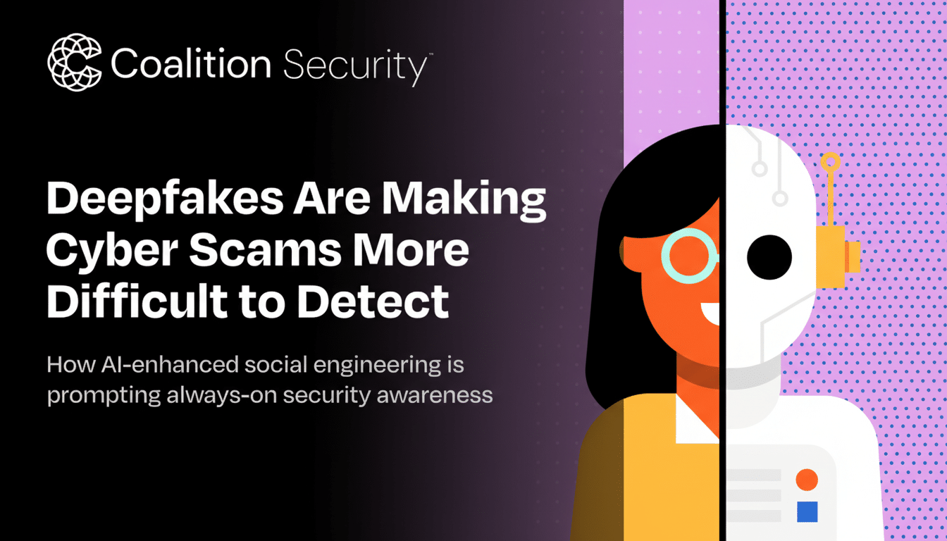 A 16:9 aspect ratio image with the text Deepfakes Are Making Cyber Scams More Difficult to Detect on a black background, next to an illustration of a human face merging with a robot face.