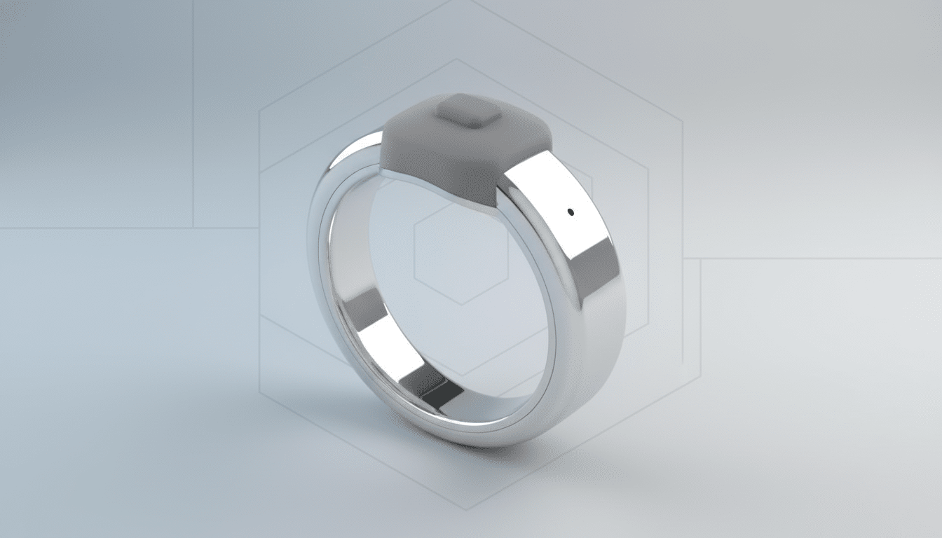 A silver smart ring with a gray square top and a small black dot on the side, presented on a light gray background with subtle geometric patterns.