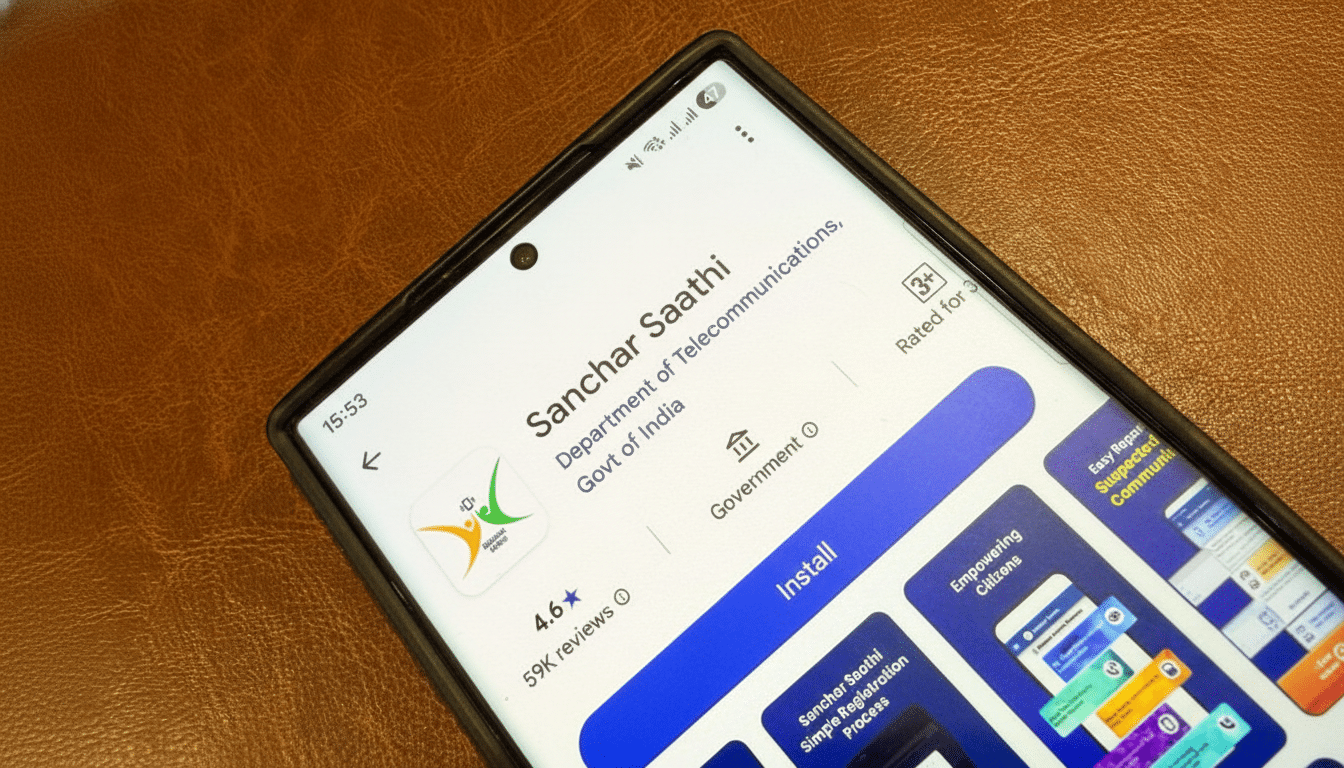 A smartphone displaying the Sanchar Saathi app page on a digital storefront, with the apps logo, name, and details visible.