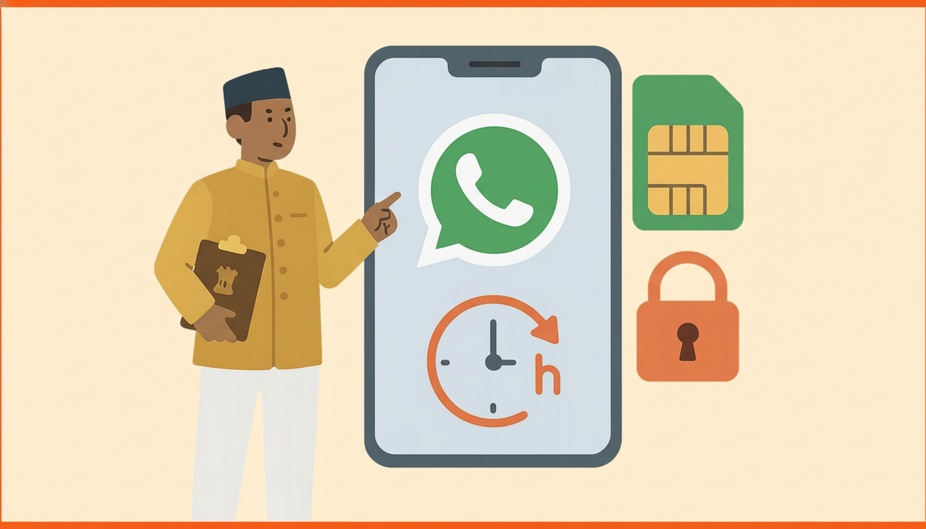 A man in traditional attire pointing to a smartphone displaying the WhatsApp logo and a clock icon, with a SIM card and a padlock icon beside it.