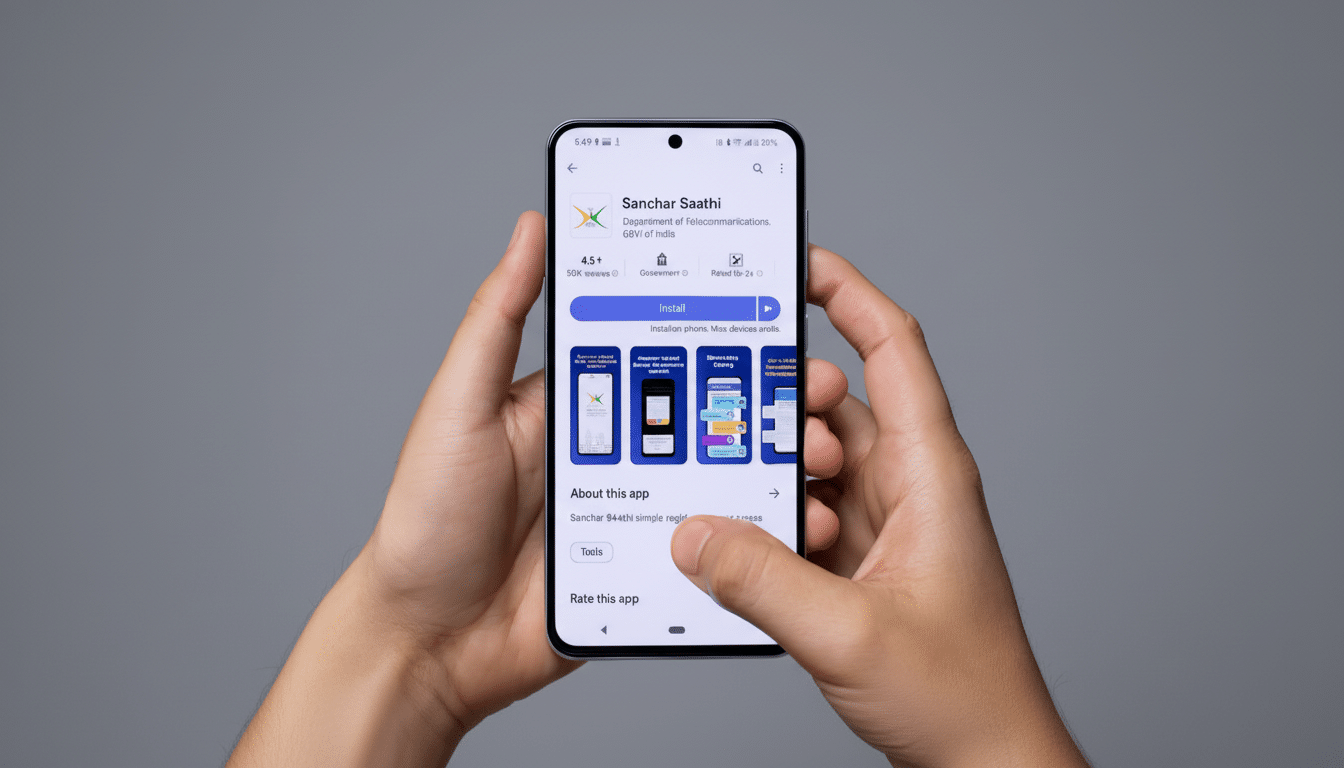 A person holding a smartphone displaying the Sanchar Saathi app page on the Google Play Store, resized to a 16:9 aspect ratio.