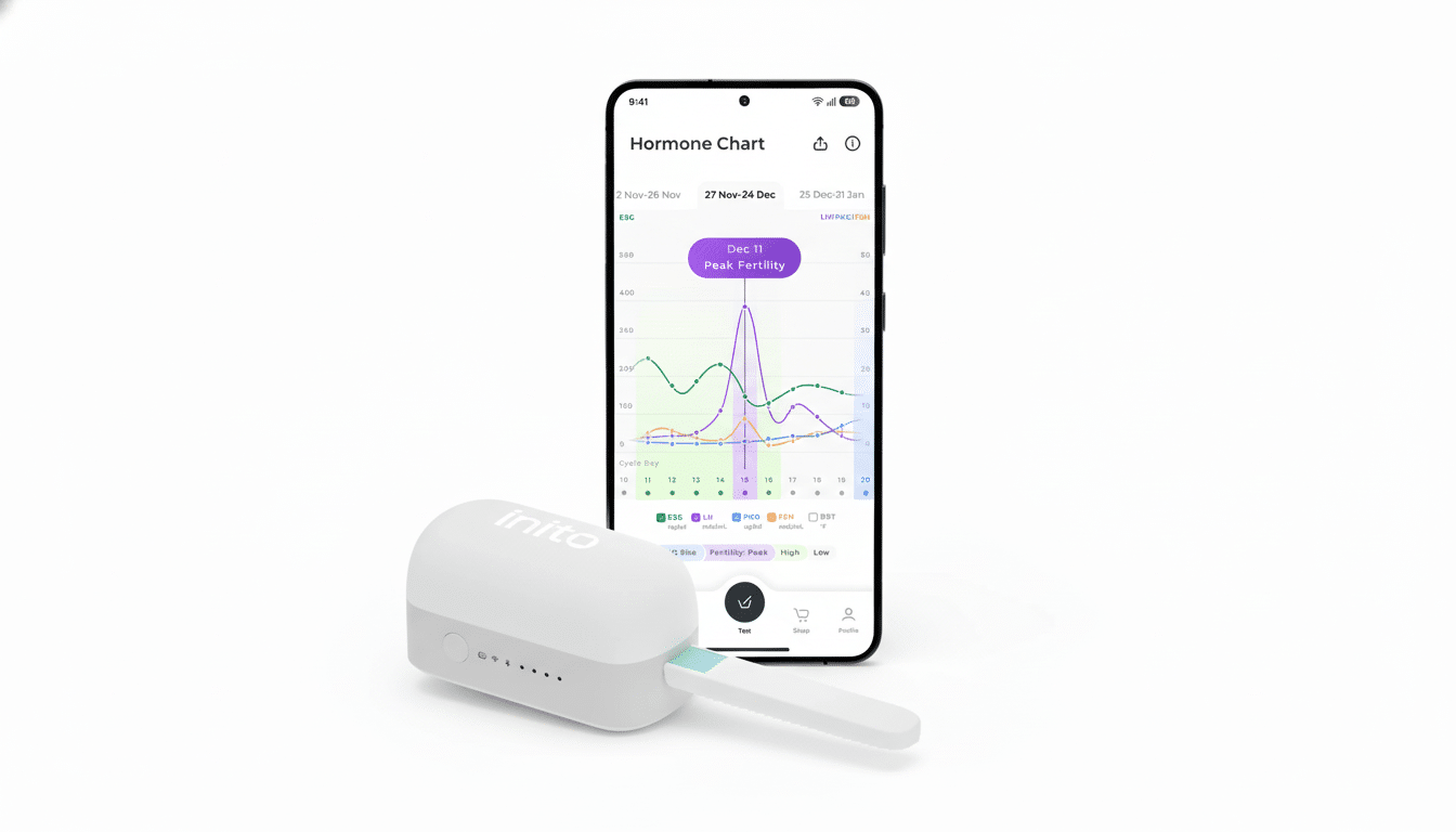 A white Inito fertility monitor device is shown in the foreground, with a smartphone displaying a Hormone Chart app in the background. The app shows a graph with Dec 11 Peak Fertility highlighted.