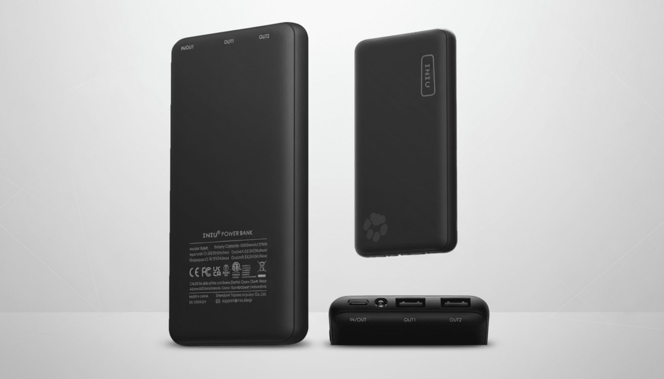 A black INIU power bank displayed in three different views against a professional flat gray background with subtle patterns.