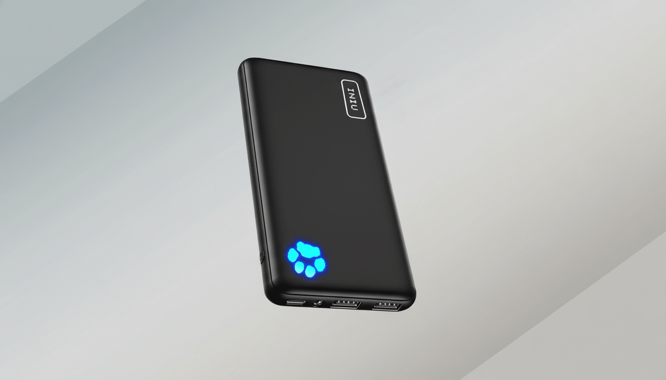 A black power bank with a glowing blue paw print and IMIU logo, presented on a professional flat design background with soft patterns.