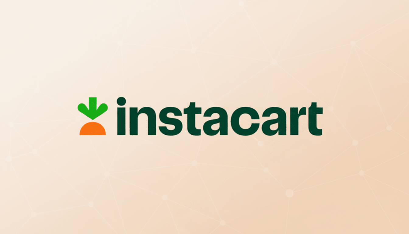 The Instacart logo, featuring a green downward-pointing arrow above an orange carrot shape, followed by the word instacart in dark green text, all set against a light beige background with a subtle, geometric pattern.
