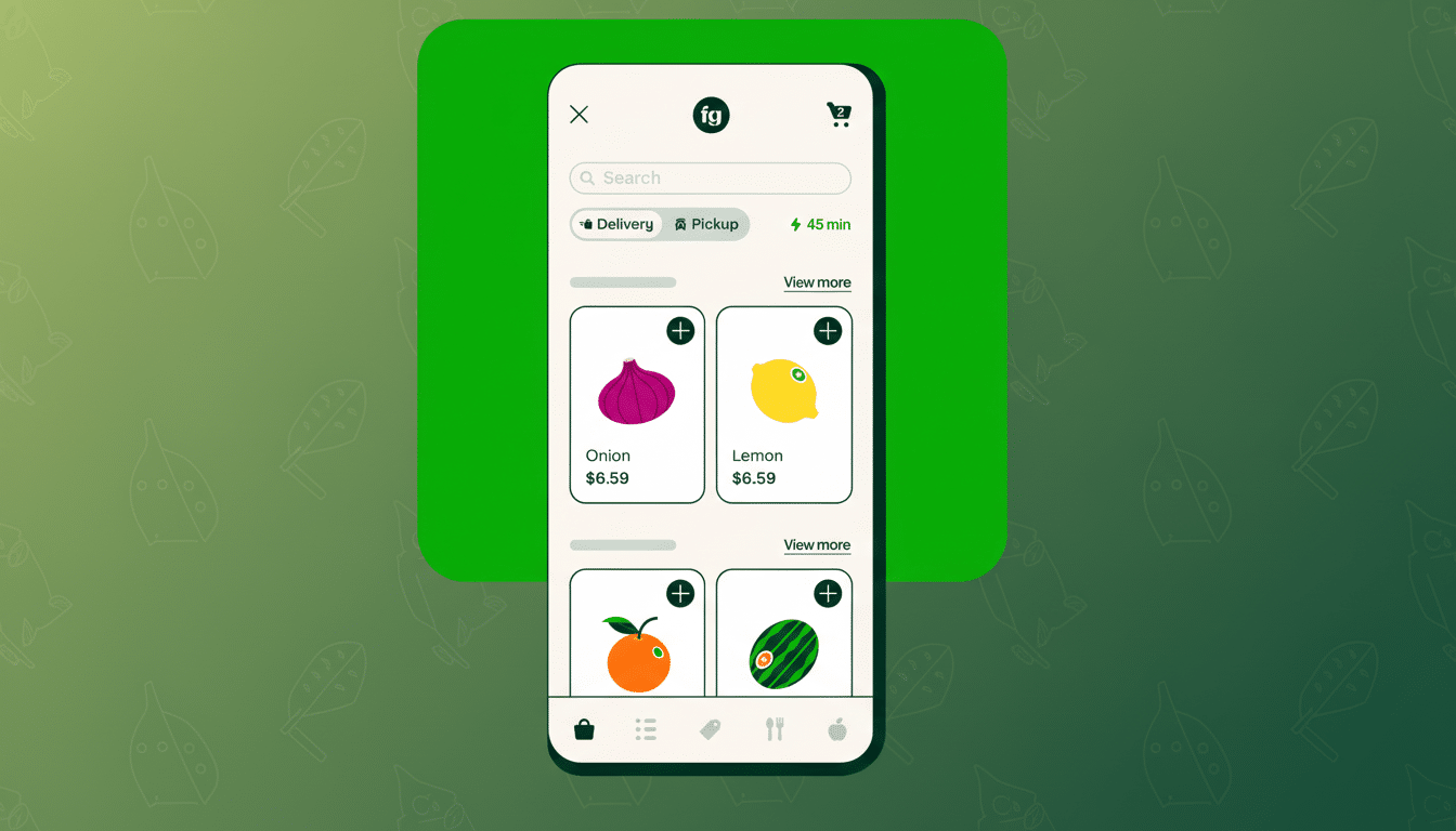 A mobile phone displaying a grocery delivery app interface, featuring onions, lemons, oranges, and watermelons for sale.