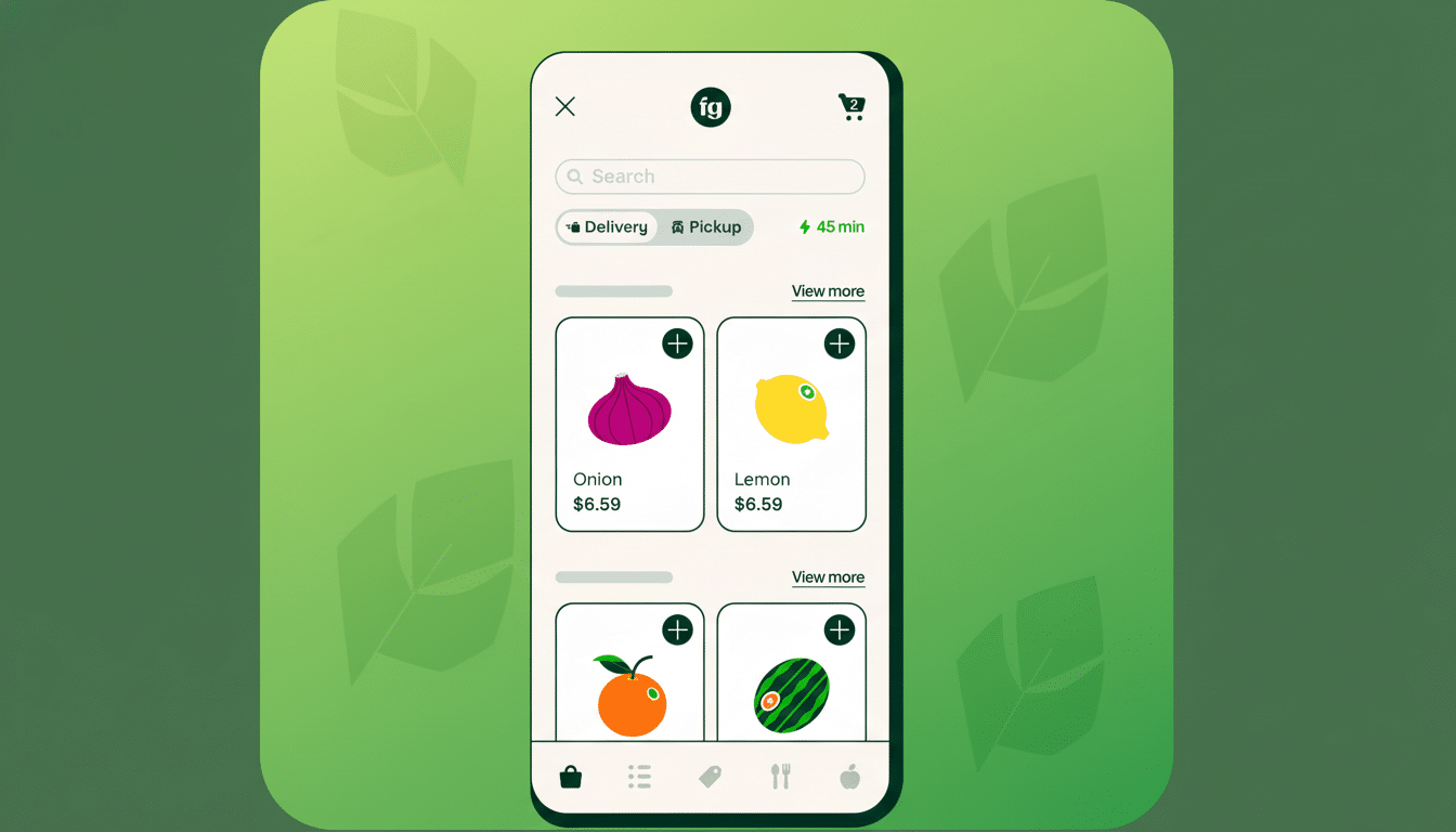 A mobile phone displaying a grocery delivery app interface with various produce items like onion, lemon, orange, and watermelon, set against a professional green background with subtle leaf patterns.