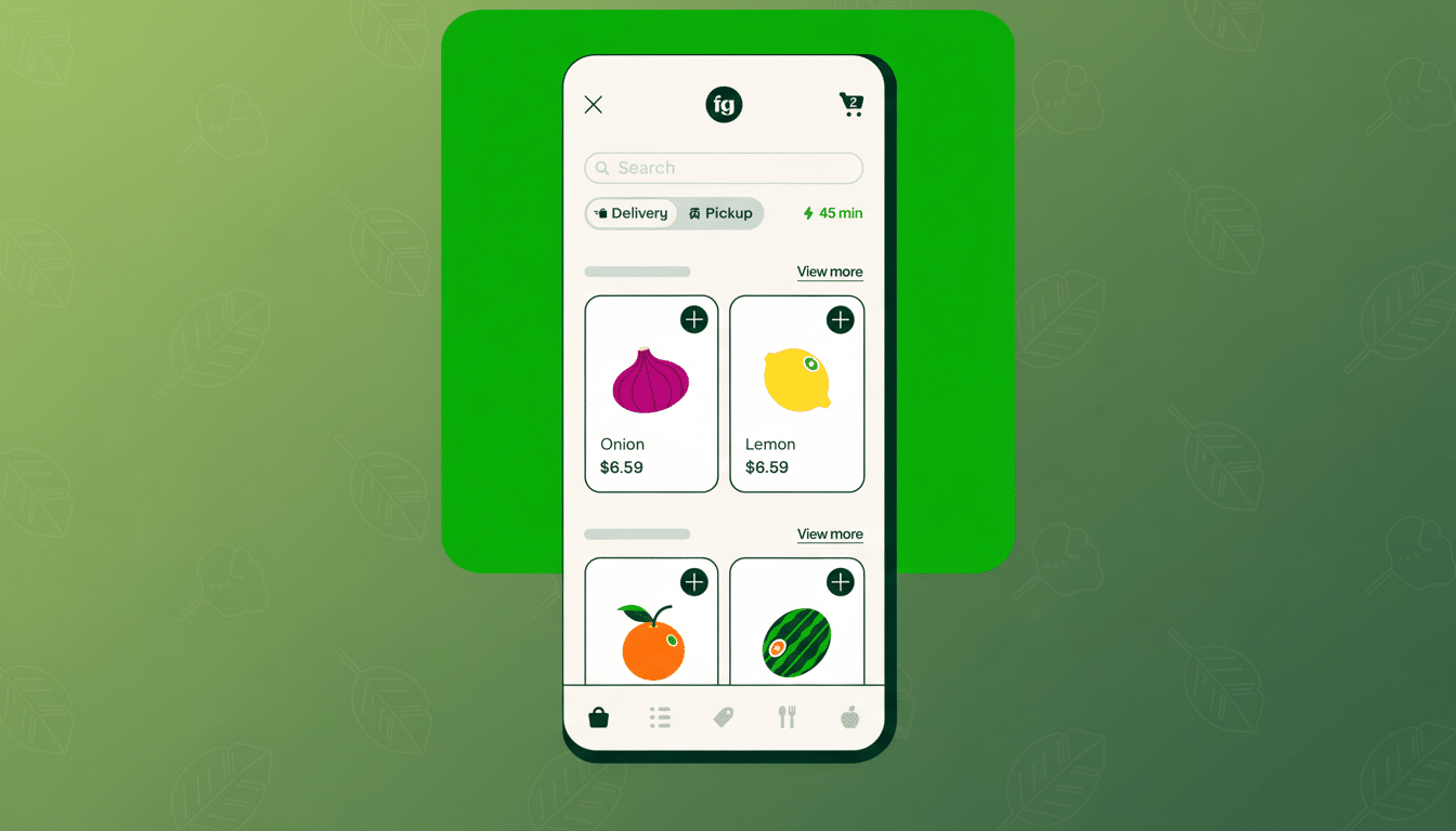 A mobile phone displaying a grocery delivery app interface, showcasing various fruits and vegetables for sale.