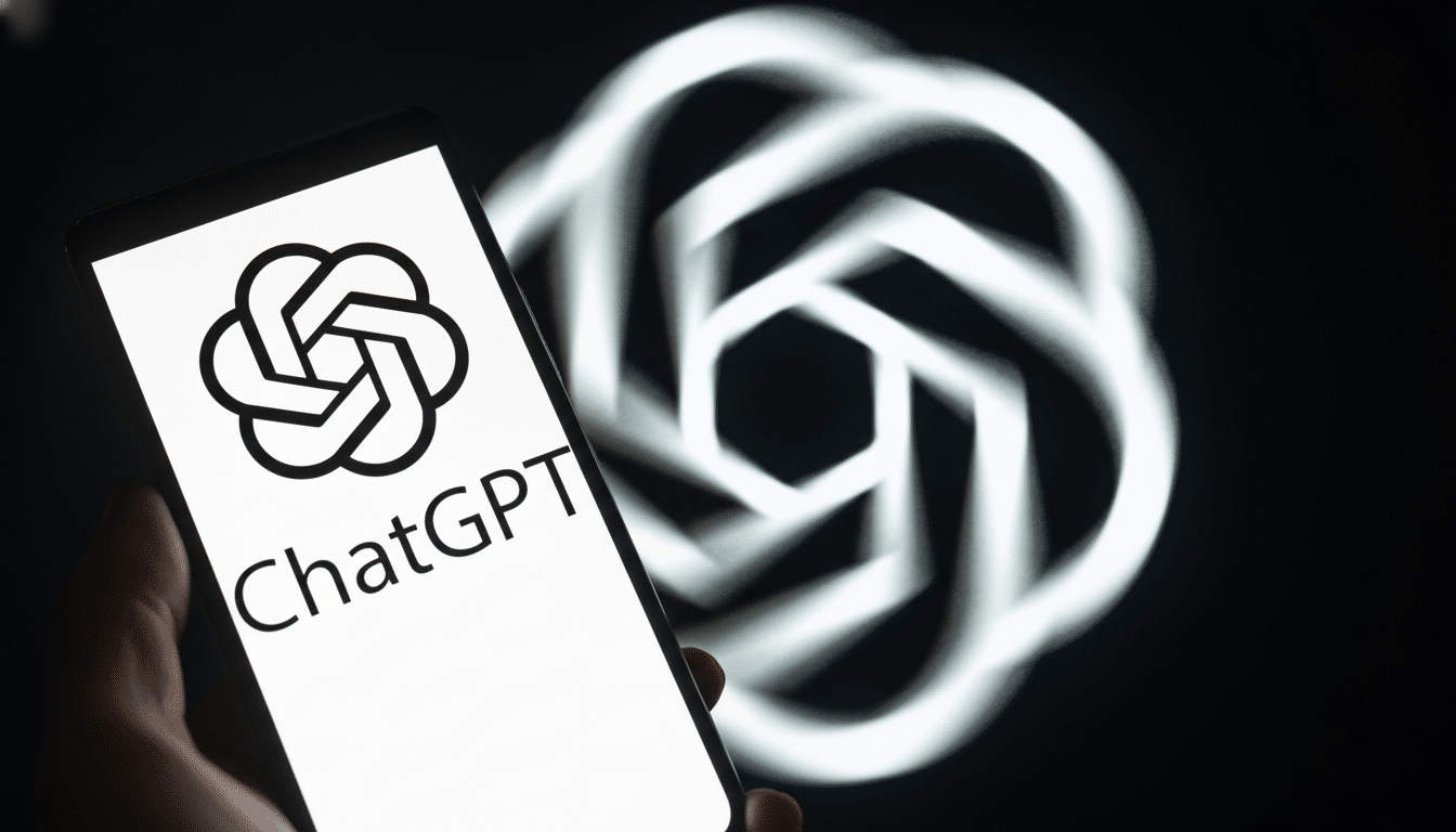 A smartphone displaying the ChatGPT logo and name, held in front of a blurred background featuring a larger, glowing OpenAI logo.