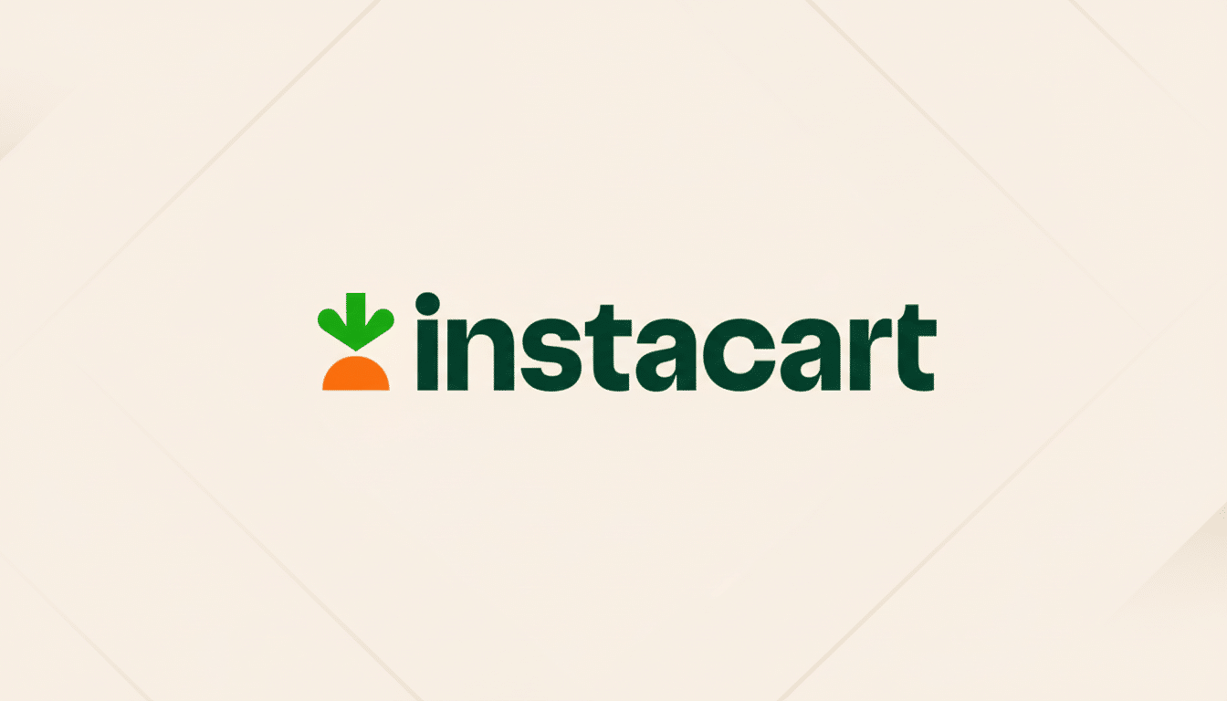 The Instacart logo, featuring a green downward-pointing arrow above an orange semi-circle, followed by the word instacart in dark green, set against a light beige background with subtle, light-colored geometric patterns.
