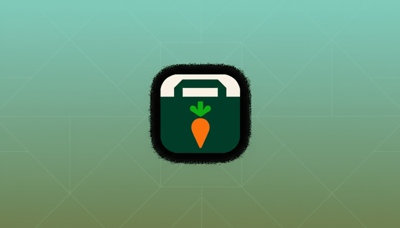 A 16:9 aspect ratio image featuring a dark green square icon with rounded corners. The icon has a white top border and a white handle shape, resembling a shopping bag. Inside the bag, an orange carrot with a green stem points downwards. The background is a professional flat design with a soft teal-to-green gradient and subtle geometric patterns.