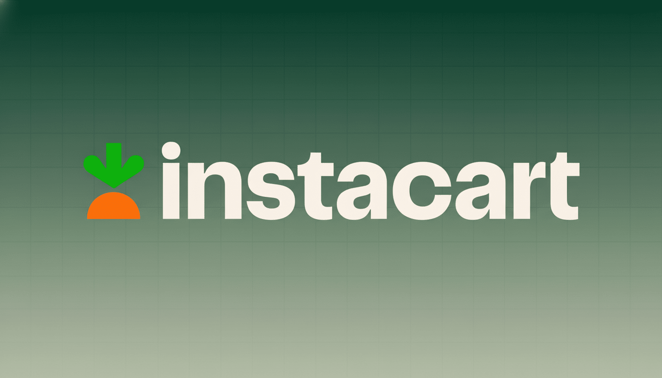 The Instacart logo, featuring the word instacart in white with a green carrot icon, set against a professional flat design background with a subtle green gradient and soft grid pattern.