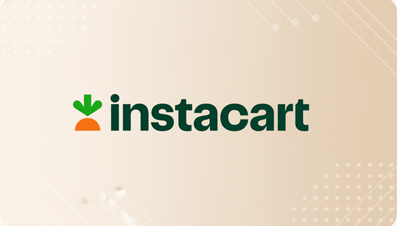 The Instacart logo, featuring a green downward-pointing arrow above an orange shape resembling a carrot top, followed by the word instacart in dark green text, all set against a light beige background with subtle, professional flat design patterns.