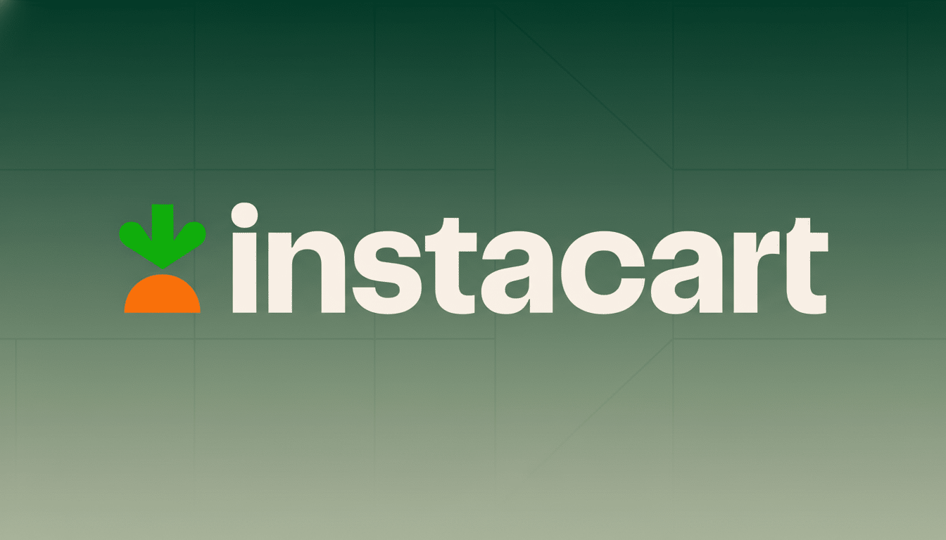 The Instacart logo, featuring the word instacart in white with a green carrot icon to the left, set against a professional flat design background with soft green gradients and subtle geometric patterns.