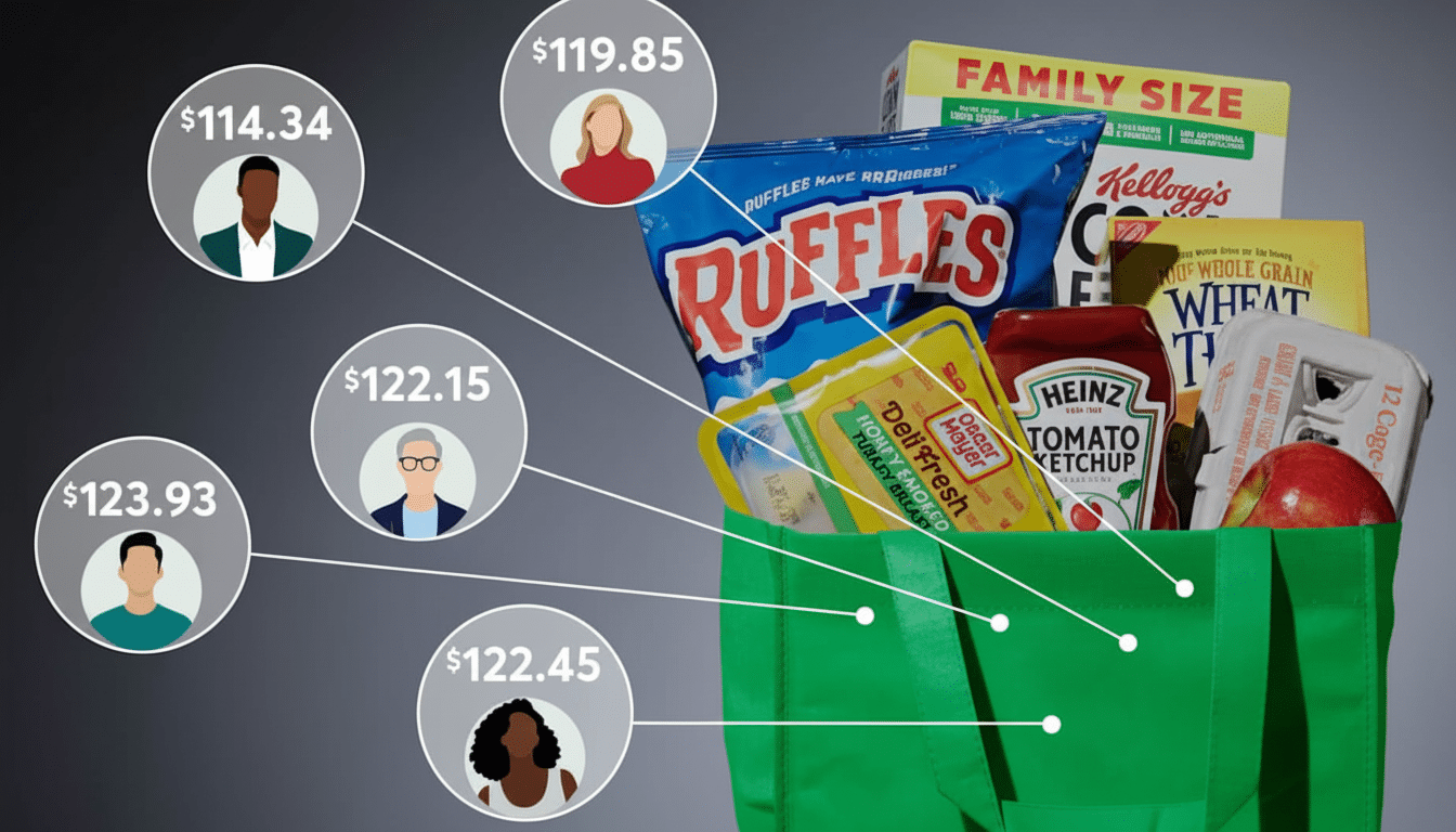 A green reusable grocery bag filled with various food items, including a bag of Ruffles potato chips, a box of Kelloggs cereal, Heinz ketchup, Oscar Mayer deli meat, and a carton of eggs with an apple. To the left, five circular icons with stylized human figures are shown, each linked to the grocery bag with a line and displaying a dollar amount: 4.34, 3.93, 2.15, 2.45, and 9.85. The background is a gradient from dark to light gray.