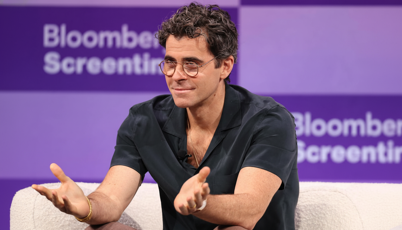 A man with curly dark hair and glasses, wearing a dark short-sleeved shirt, sits on a white couch with his hands open in a gesturing motion. The background is purple with Bloomberg Screentime text.