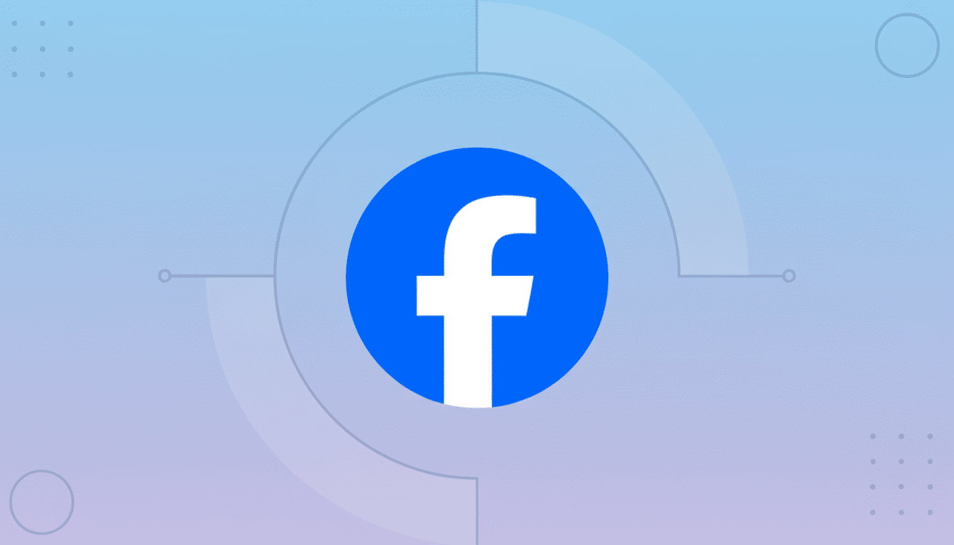 The Facebook f logo in white on a blue circle, centered on a professional 16:9 background with soft blue and purple gradients and subtle geometric patterns.
