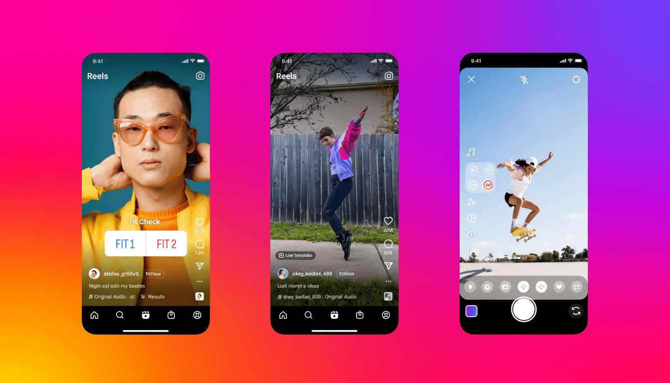 Three smartphone screens displaying Instagram Reels, with the overall image resized to a 16:9 aspect ratio.
