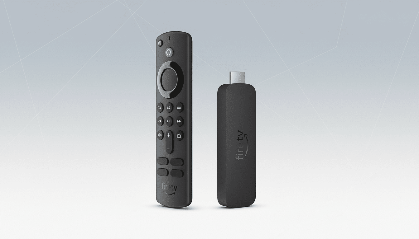 An Amazon Fire TV Stick and its remote control are displayed on a professional flat design background with soft patterns.